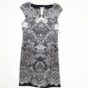 London Style Dress 12 New Black Taupe Knit Print Sleeveless Dress Stretchy
